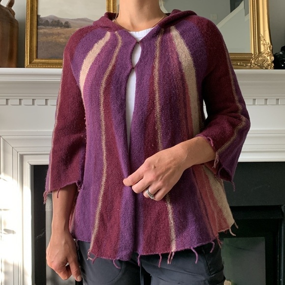 Free People Aztec Boho Fringe Open Wool Hooded Cardigan M festival cabin knit - Picture 2 of 12